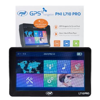 PNI L710 PRO GPS navigation system with sun visor, 7 inch, 800 MHz, 256MB DDR, 16GB internal memory, FM transmitter, with two car chargers included